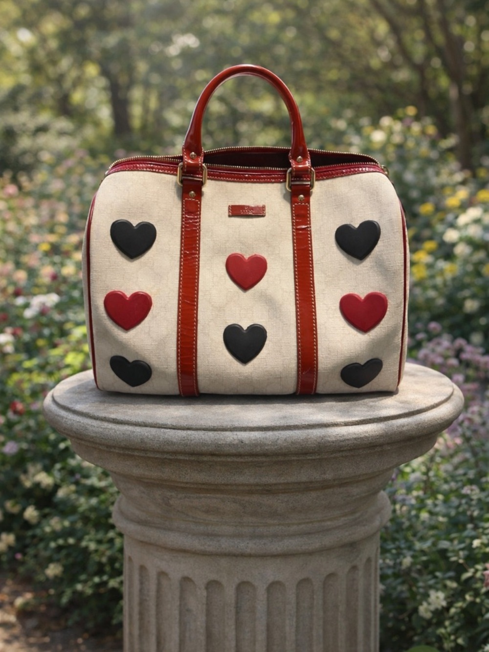 Authentic Gucci Boston Bag with Red and Black Heart Appliqués